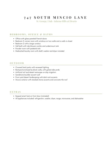 Property Features List. Detailing specific attributes of the property's interior, exterior, and additional components