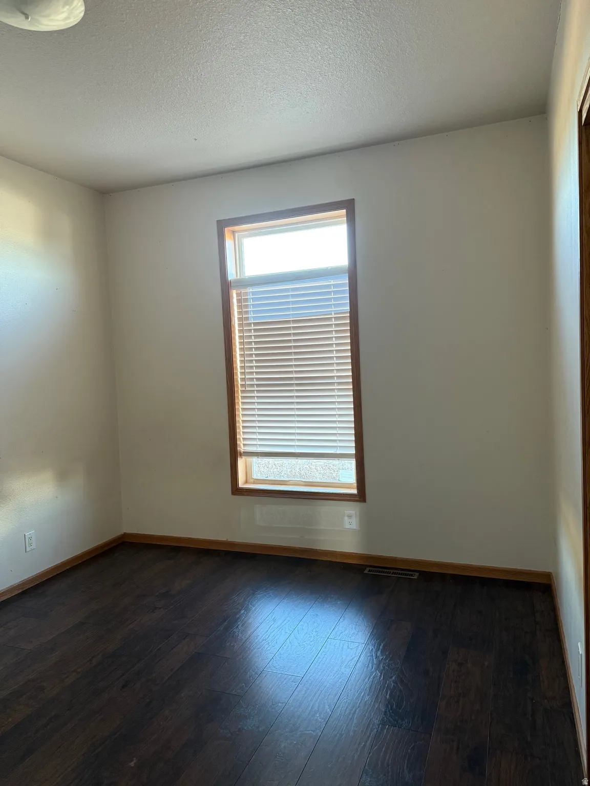 Unfurnished room featuring dark wood finished floors and a textured ceiling