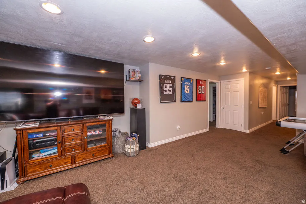 Living room with dark carpet and recessed lighting