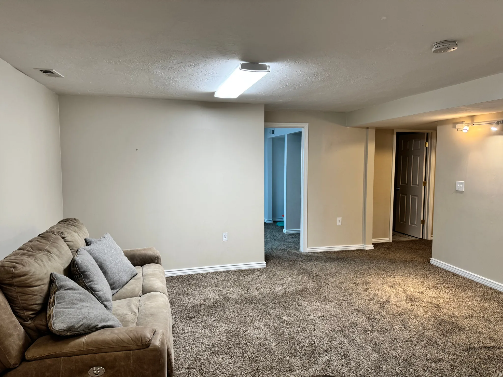 Living room featuring carpet floors and a textured ceiling