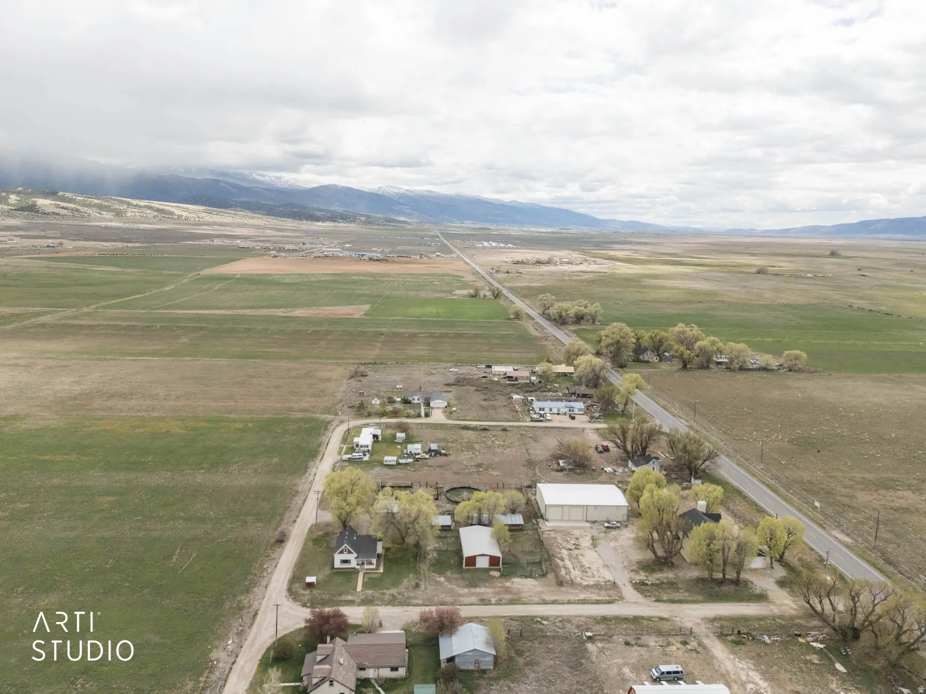 Overview of rural landscape featuring mountains