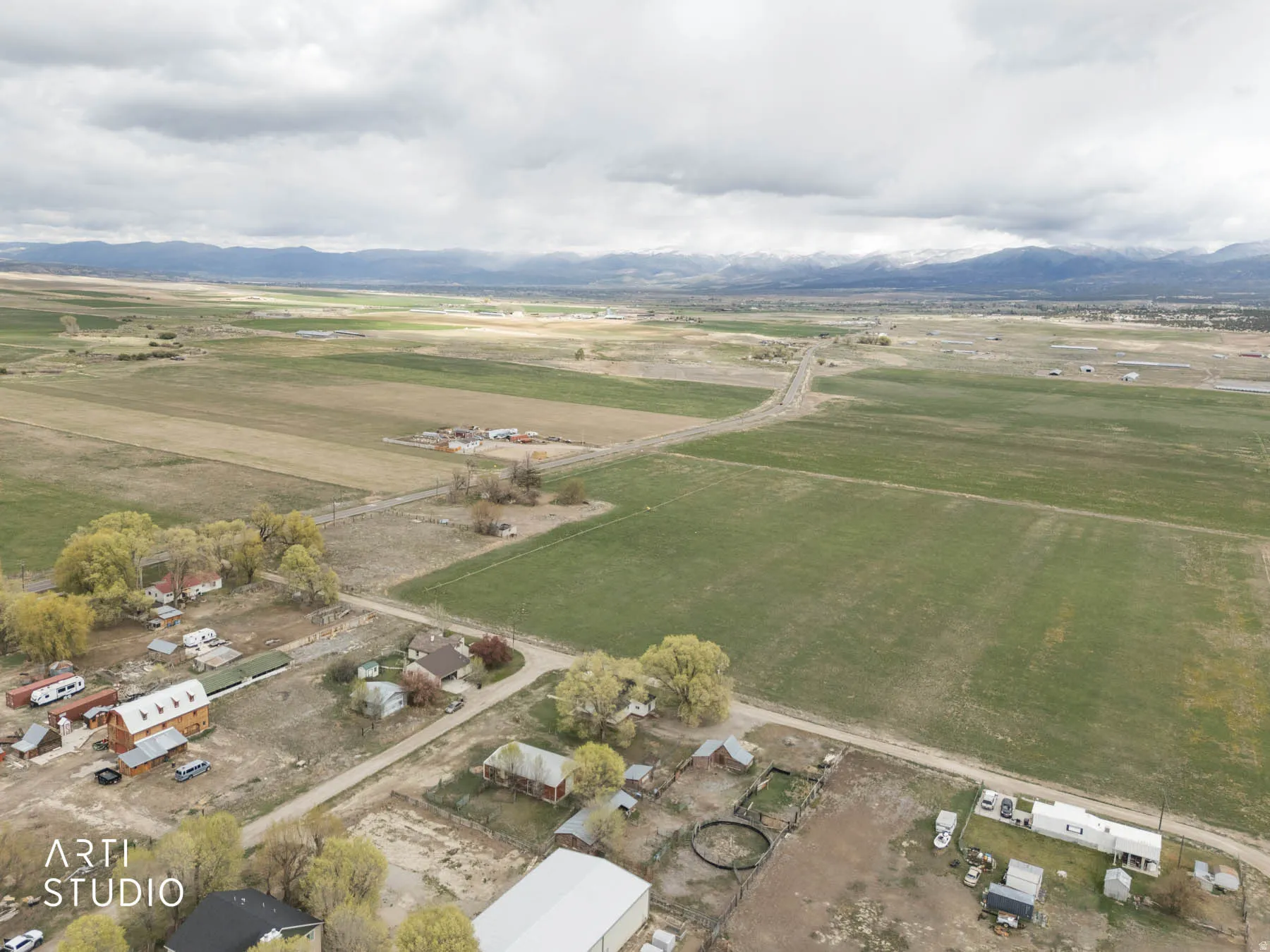 Overview of rural landscape with mountains