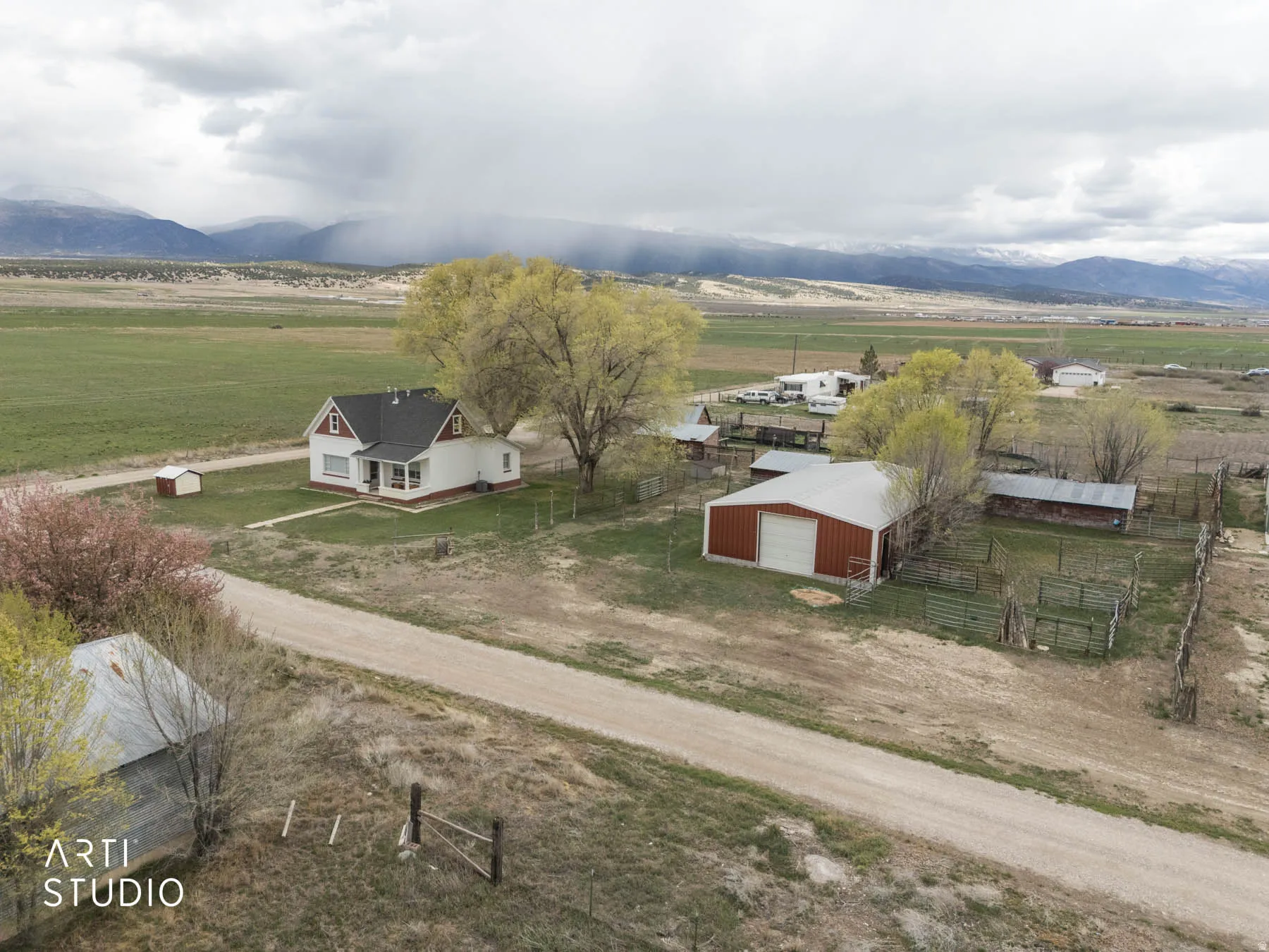 Overview of rural landscape featuring mountains