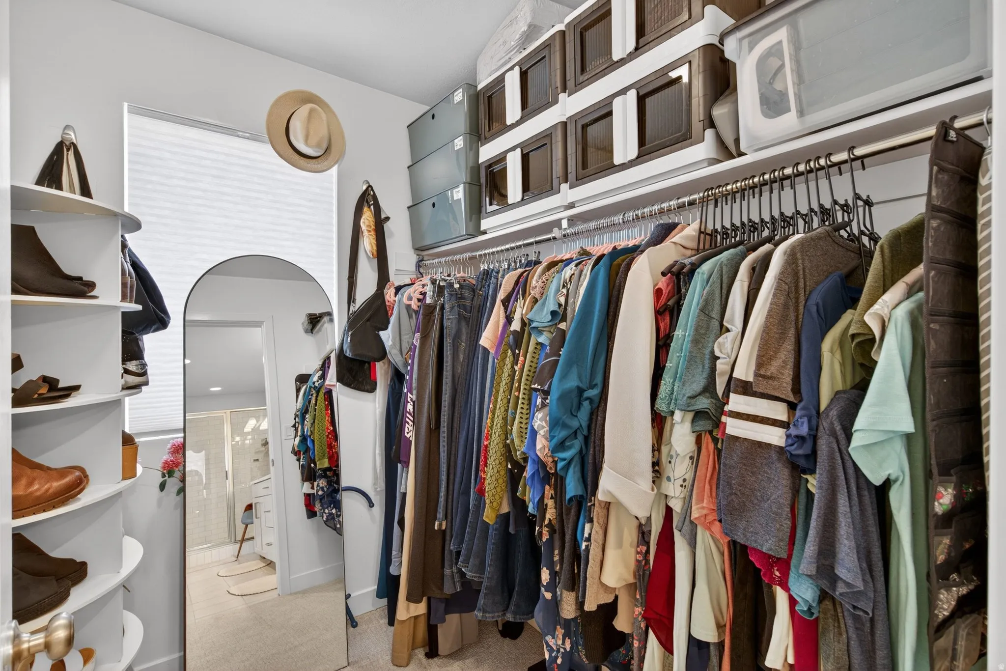 Walk in closet with light colored carpet