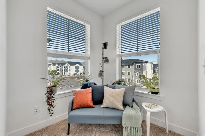 Sitting room featuring carpet and plenty of natural light