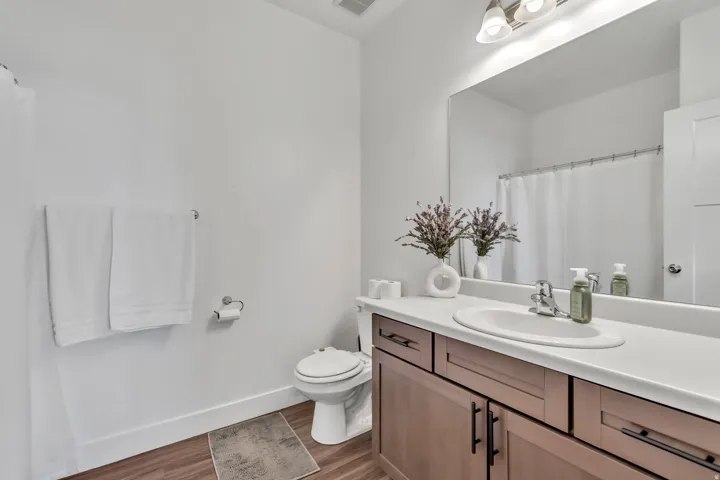 Full bathroom featuring vanity, a shower with shower curtain, and dark wood-type flooring