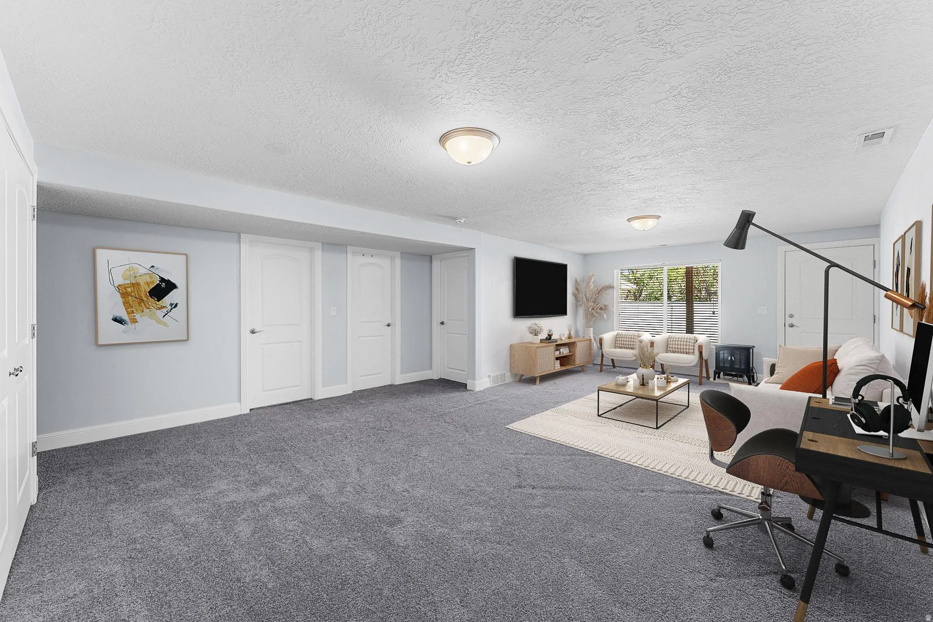 Virtually Staged spacious family room. Walk out to covered patio