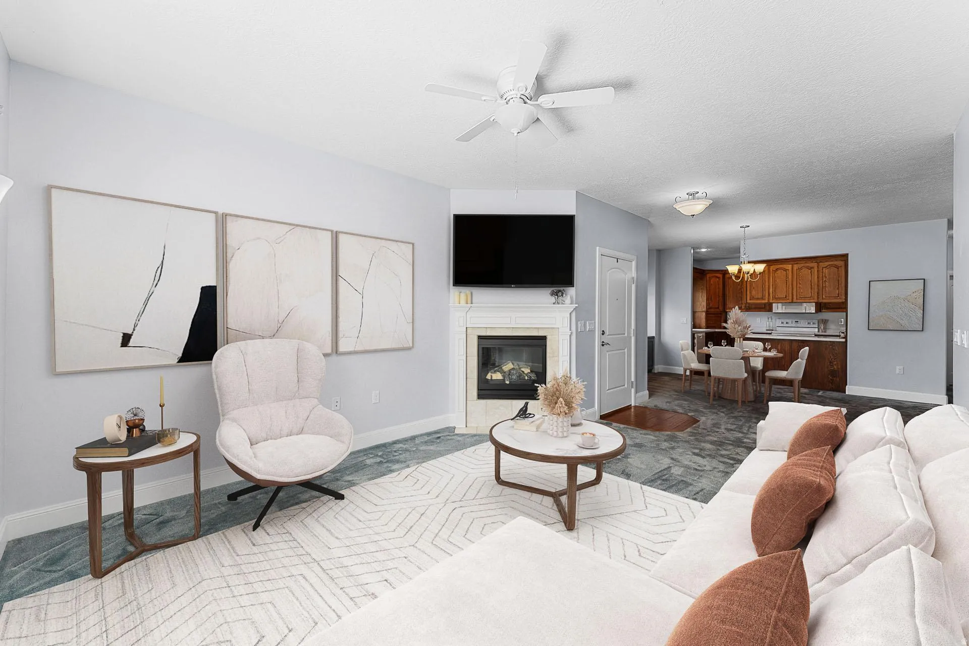 Virtually Staged. Living room, gas fireplace, ceiling fan