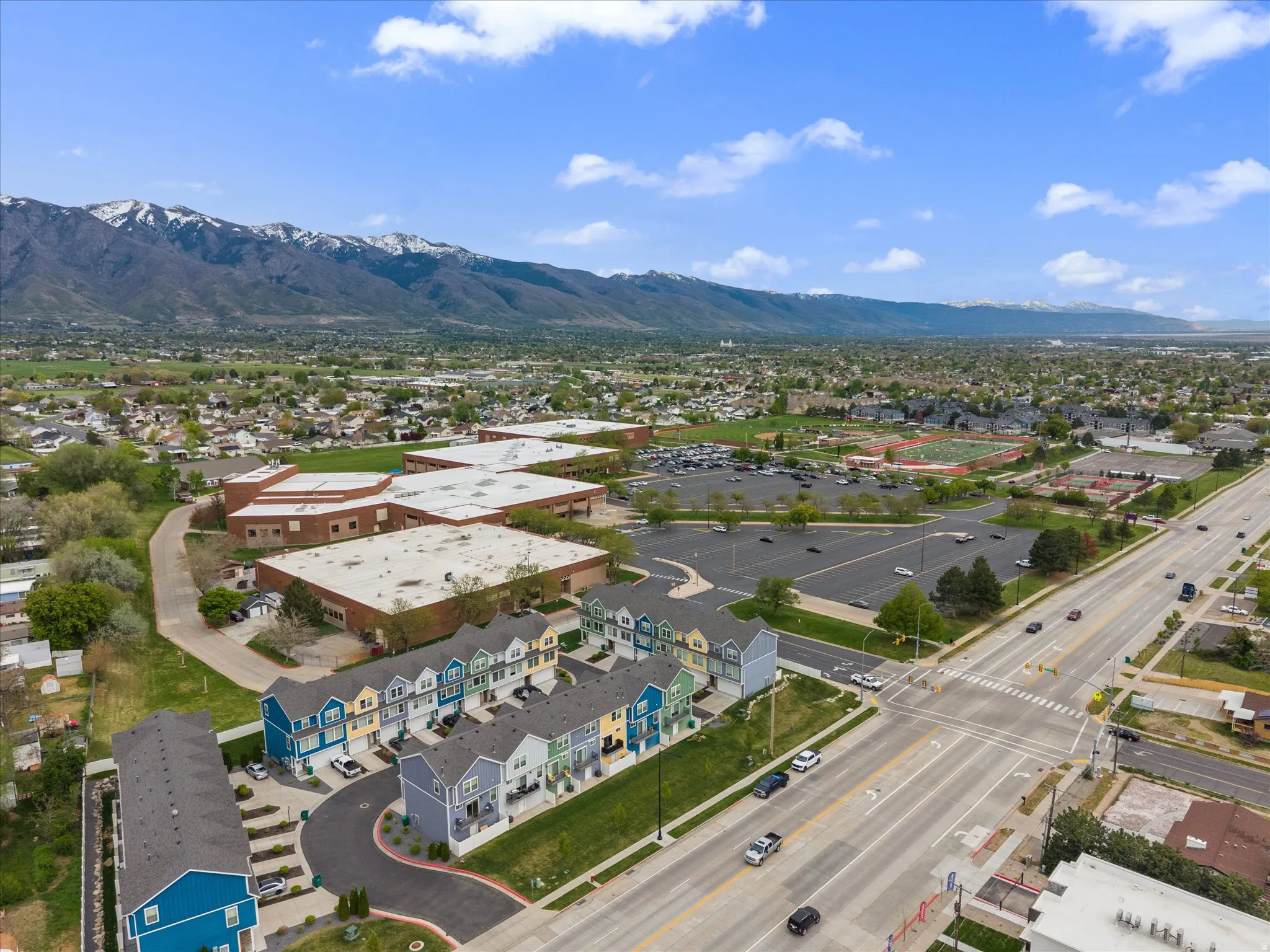 Aerial view of residential area with mountains