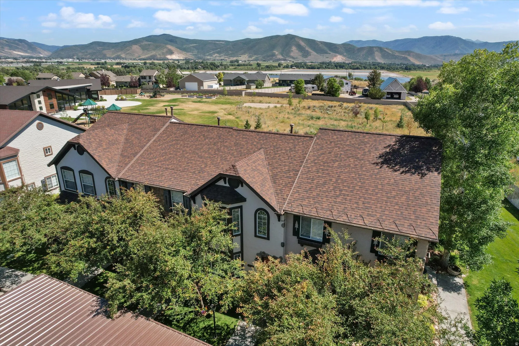 Drone / aerial view of a mountain backdrop