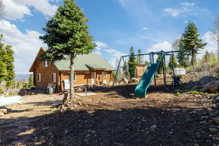 Backyard Play Area: Includes a children's playset tucked away in the trees.