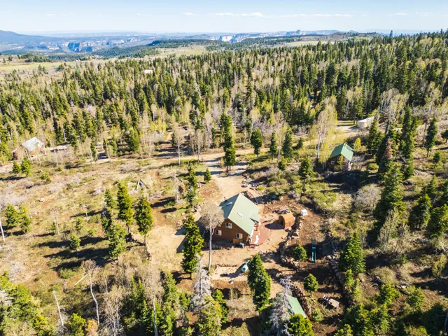High-Altitude Perspective: Wide aerial shot showing the cabin’s position on the Kolob plateau.