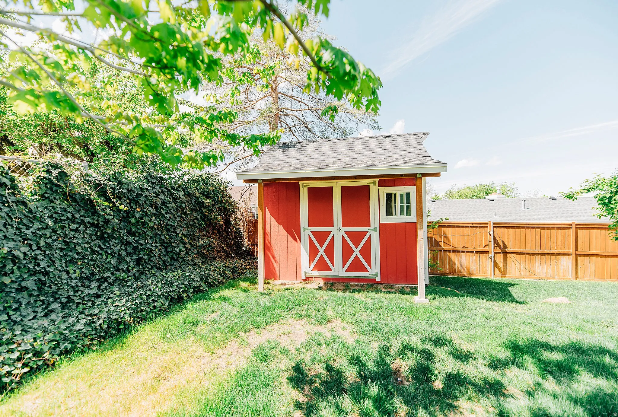 View of shed featuring a fenced backyard