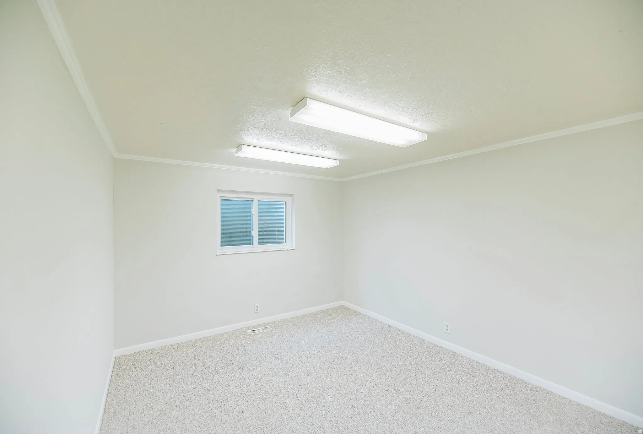 Unfurnished room featuring light carpet, ornamental molding, and a textured ceiling