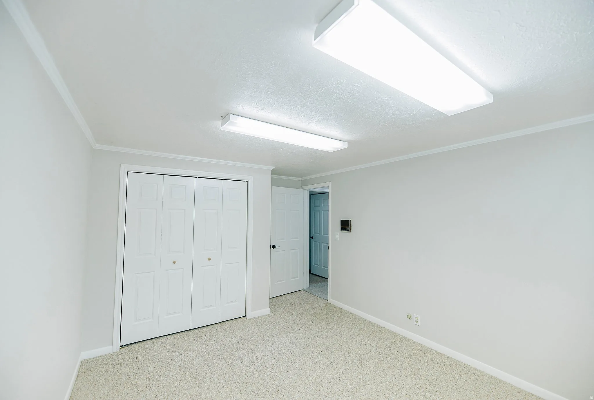Unfurnished bedroom featuring light colored carpet, a closet, crown molding, and a textured ceiling