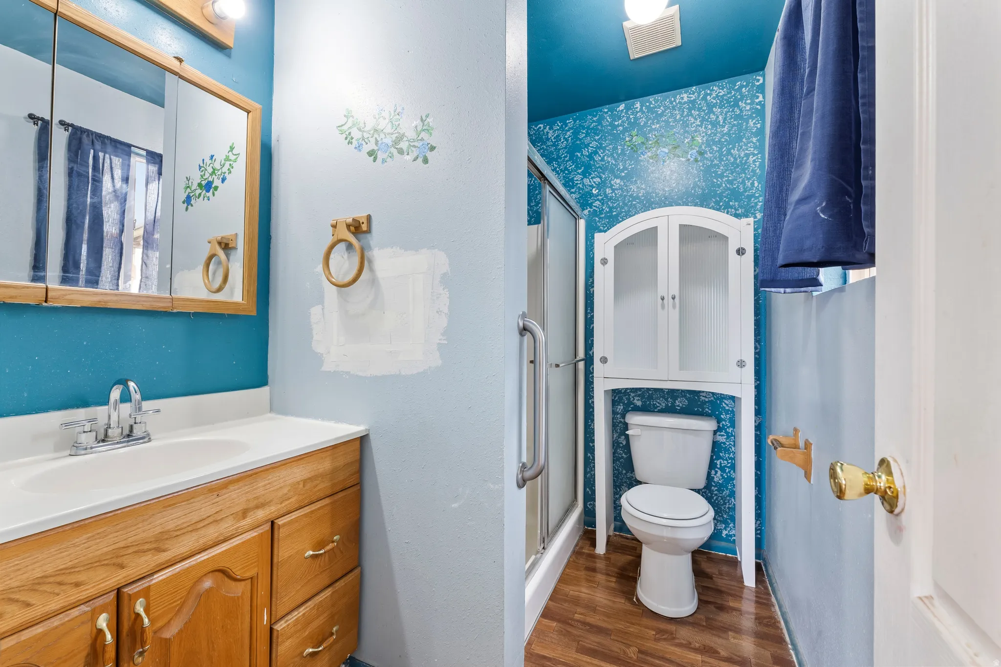 Bathroom with vanity, dark wood finished floors, and a shower stall