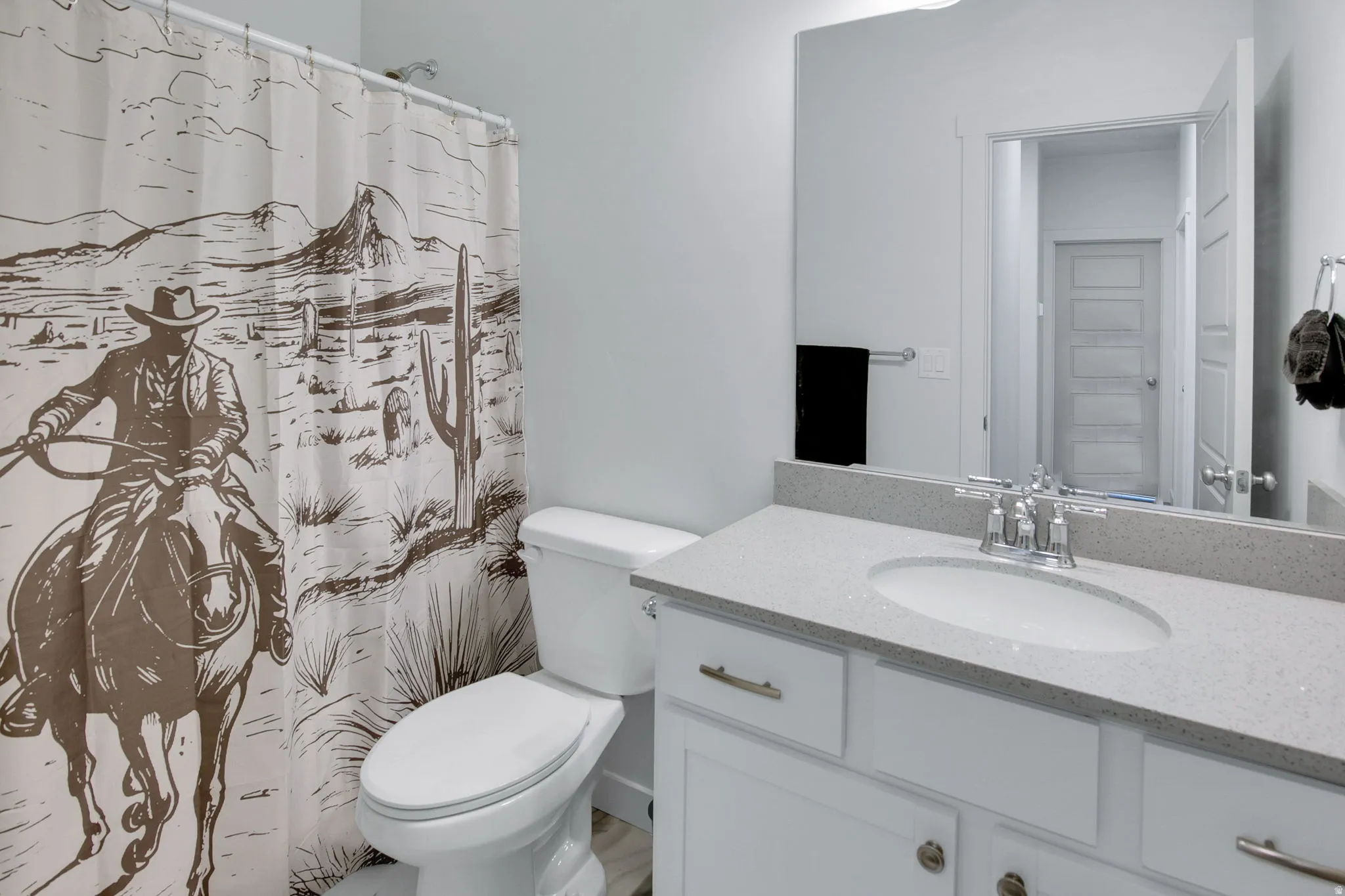 Full bathroom featuring vanity and a shower with shower curtain