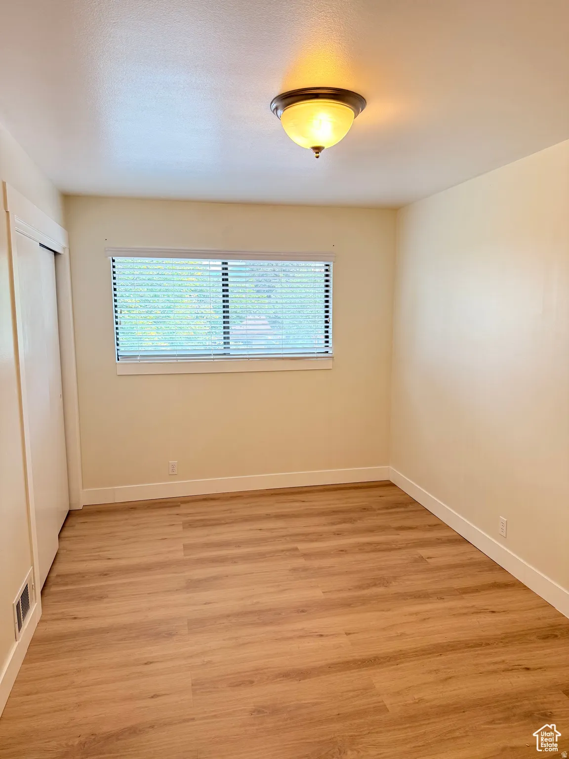 Unfurnished bedroom featuring light wood finished floors, multiple windows, and a closet