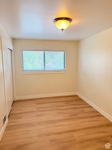 Unfurnished bedroom featuring light wood finished floors, multiple windows, and a closet
