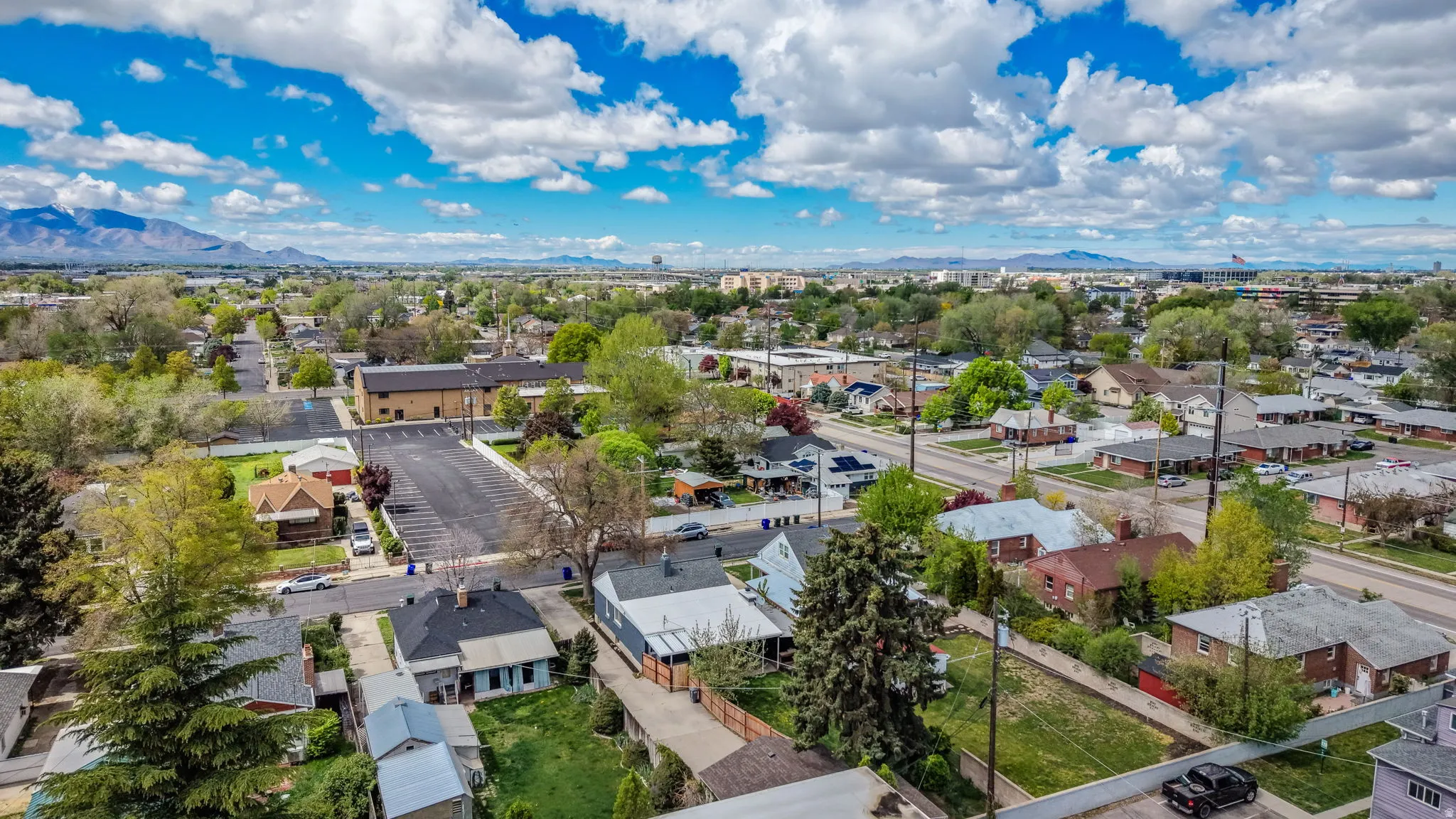 Aerial perspective of suburban area with mountains