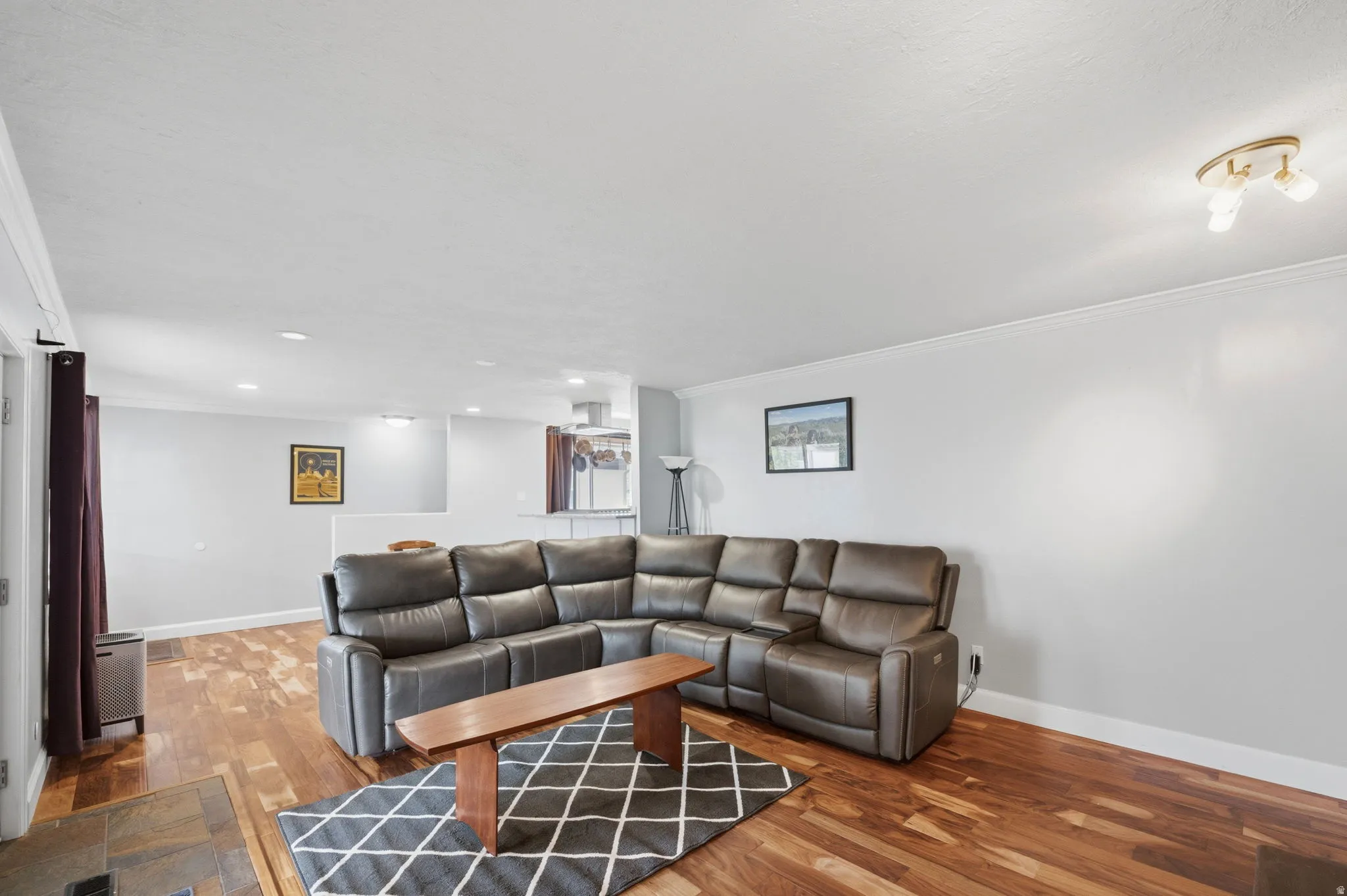 Living room featuring crown molding and wood-type flooring