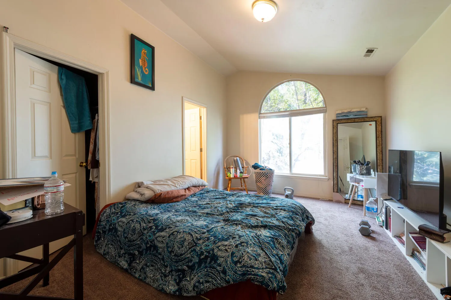 Primary ensuite bedroom with vaulted ceiling, large walk-in closet