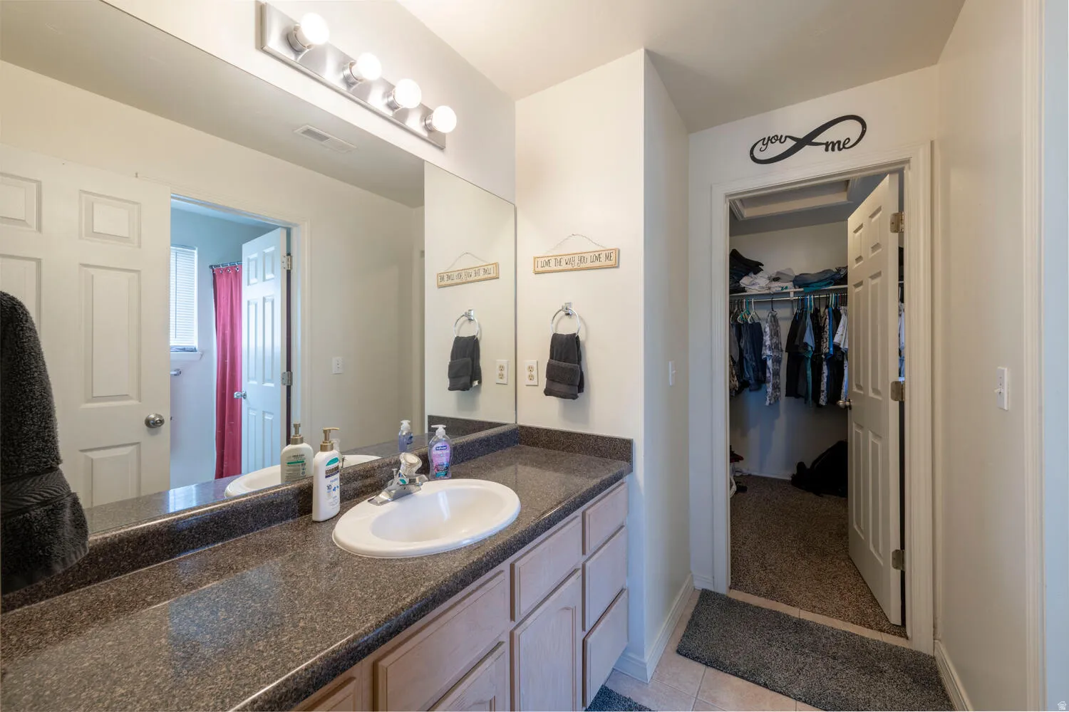 Bathroom featuring vanity, a walk in closet, and reflection of the shower in the mirror