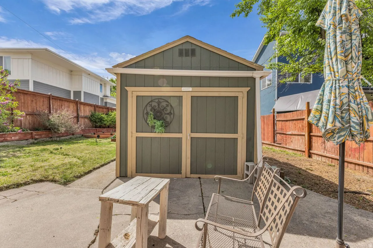 View of shed featuring a fenced backyard
