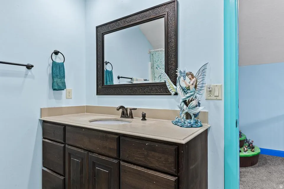 Bathroom featuring vanity and carpet flooring