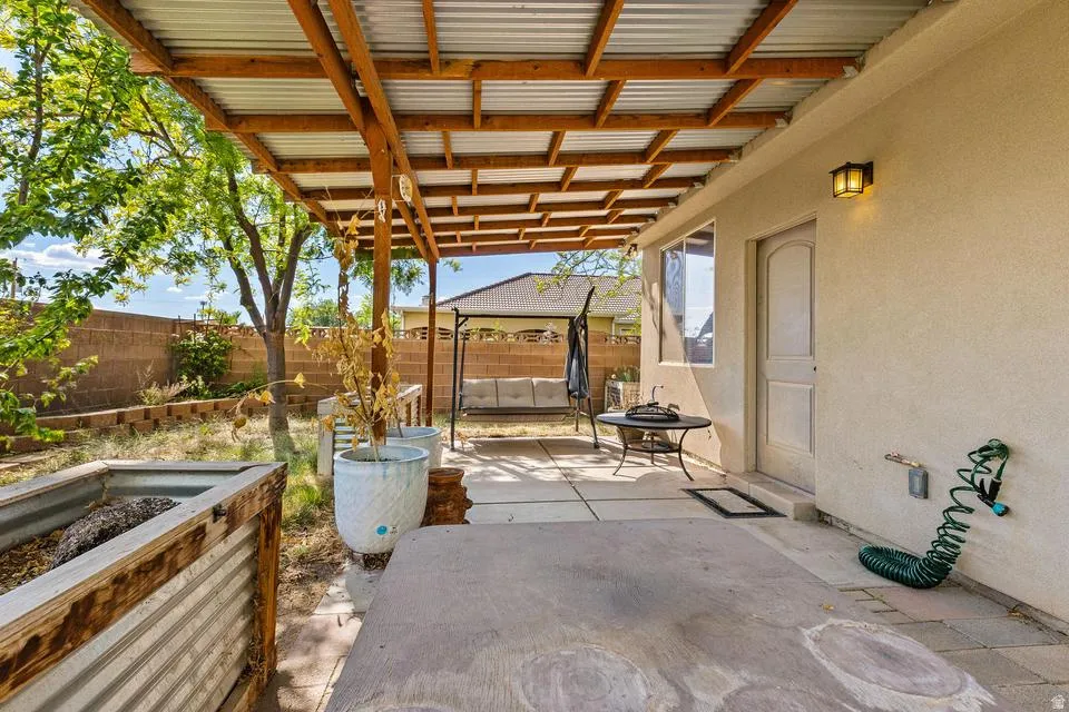 Fenced backyard featuring a patio area