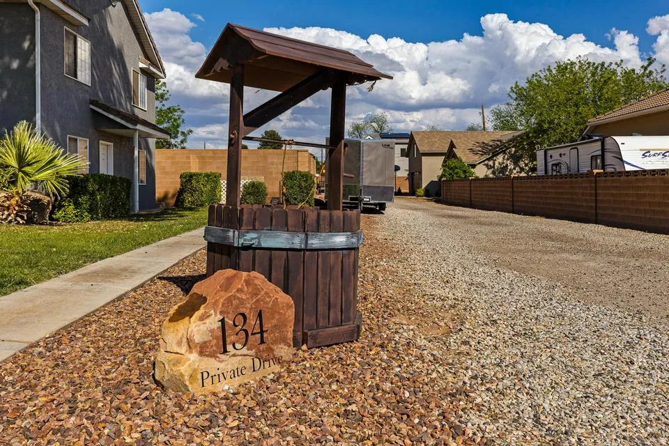Fenced backyard with a residential view
