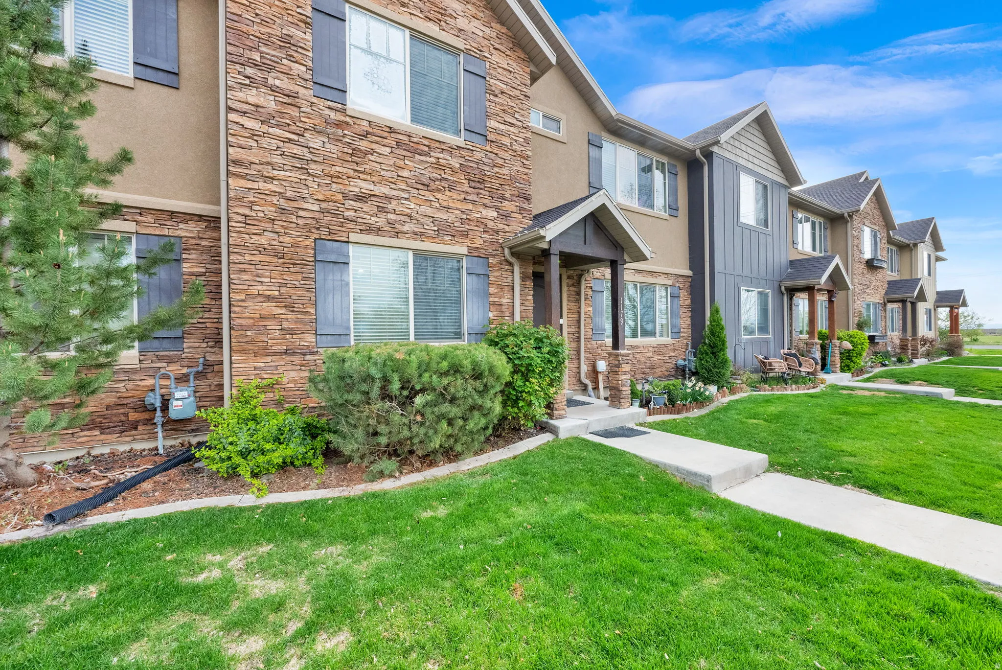 Traditional-style house with a front yard and stone siding