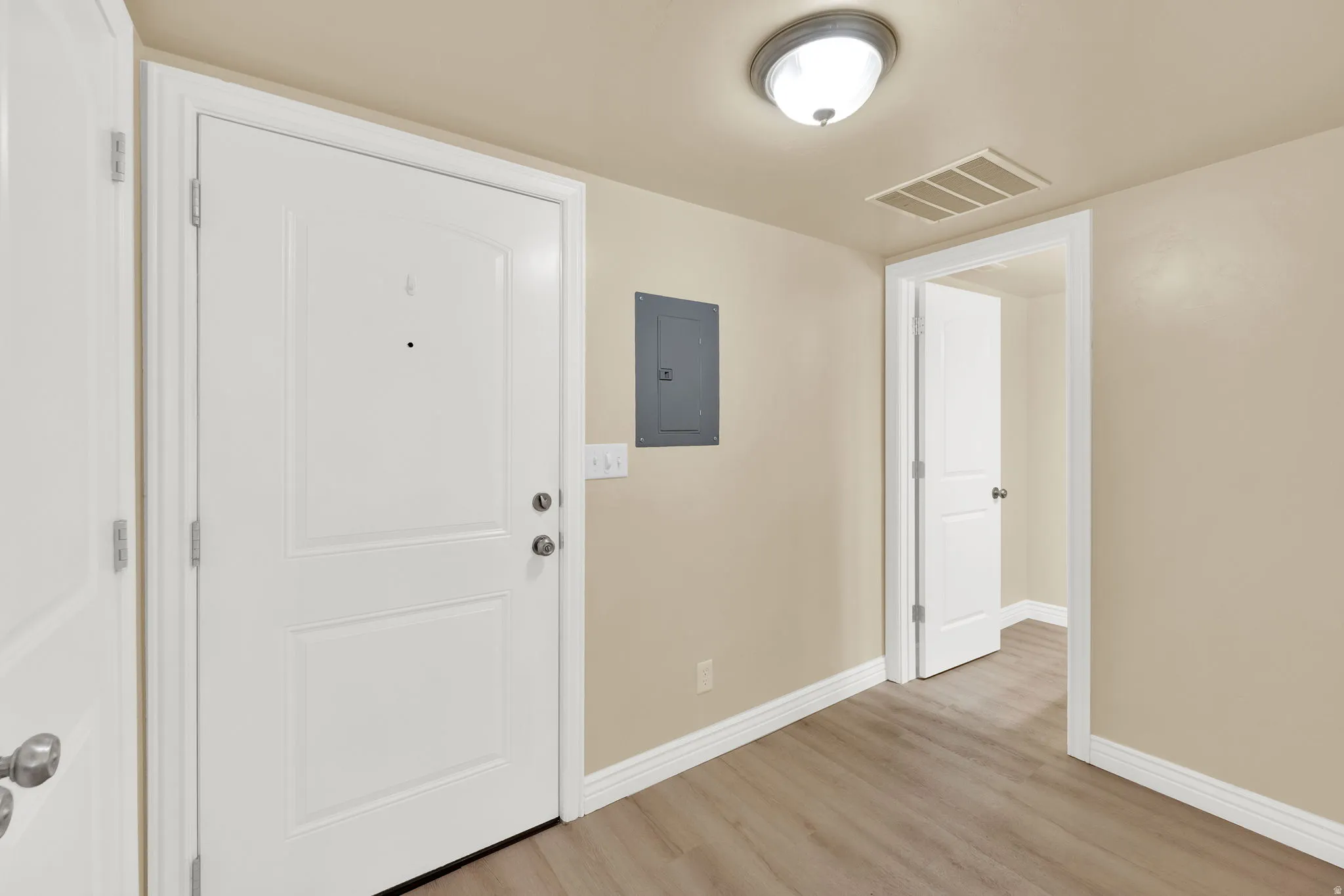 Entrance foyer with electric panel and light wood-type flooring