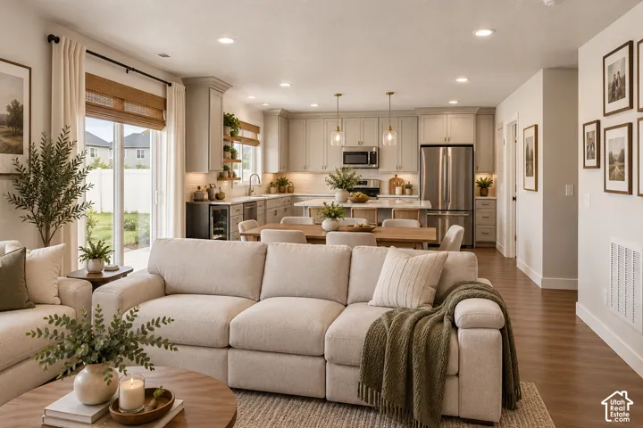 Open-concept living space featuring wood-finish flooring, recessed lighting, and a kitchen with stainless steel appliances