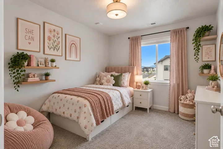 Recessed window with black curtain rod, neutral wall paint, and gray carpet flooring