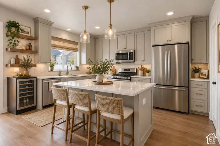 Modern kitchen featuring stainless steel appliances, light-toned cabinetry, an oversized island with countertop seating, wood-finish flooring, and open shelving