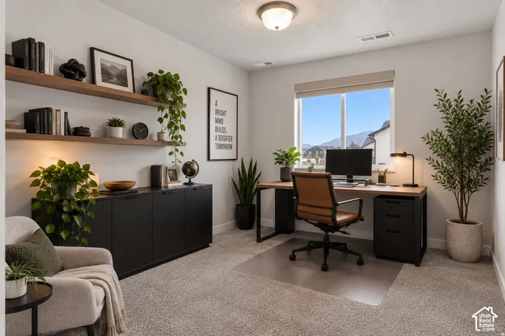 Recessed lighting, wood-finish shelving, built-in cabinetry with matte black hardware, large window with roller shade, and light-colored carpeting