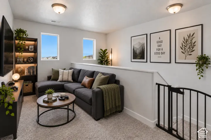 Plush carpet flooring, multiple windows, built-in shelving with integrated lighting, and ceiling-mounted light fixtures
