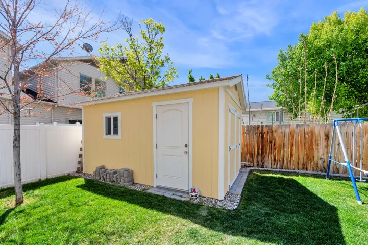 View of shed featuring a fenced backyard