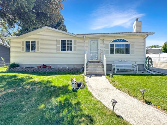 View of front facade featuring a front lawn and a chimney