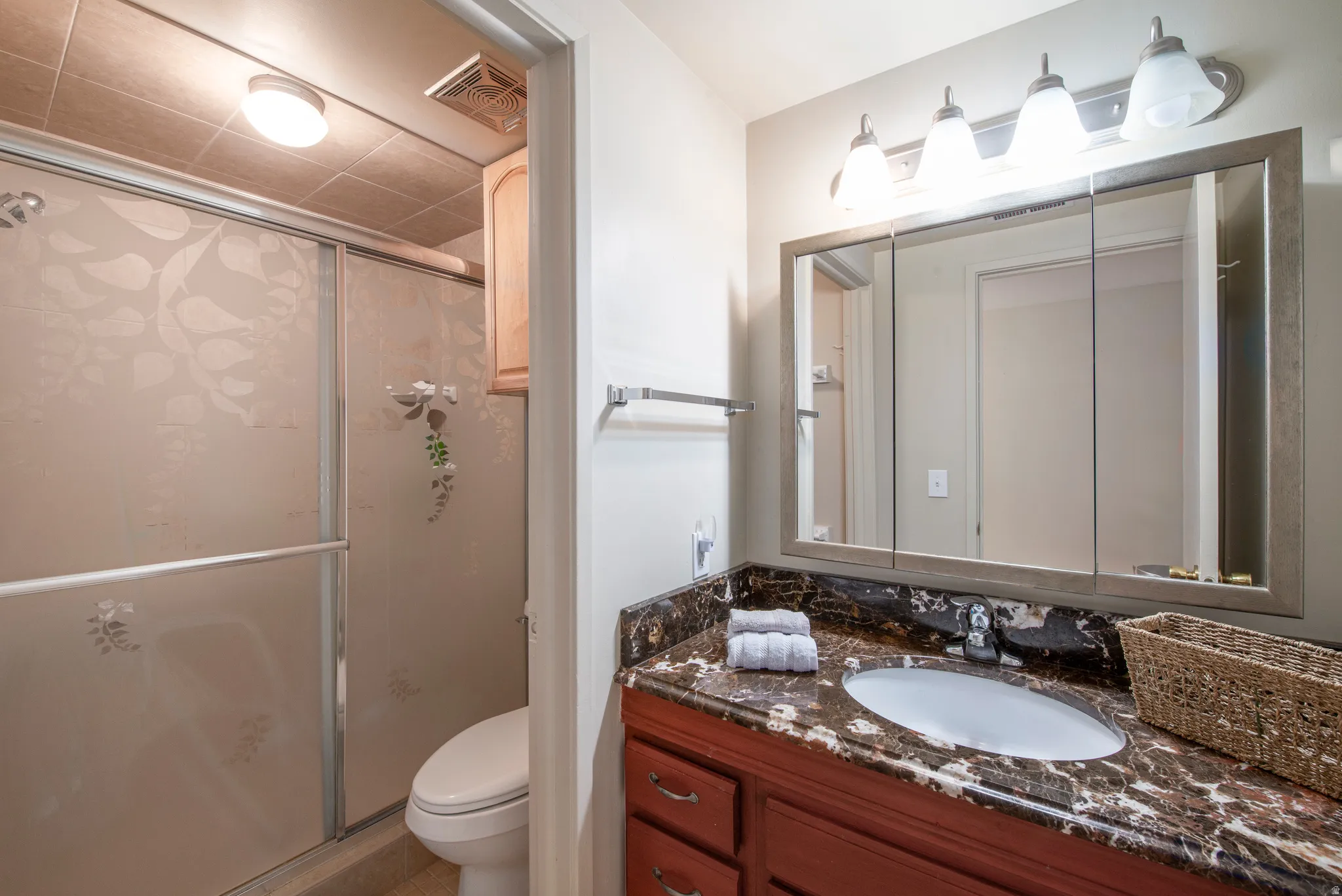 Full bath with vanity and a shower stall