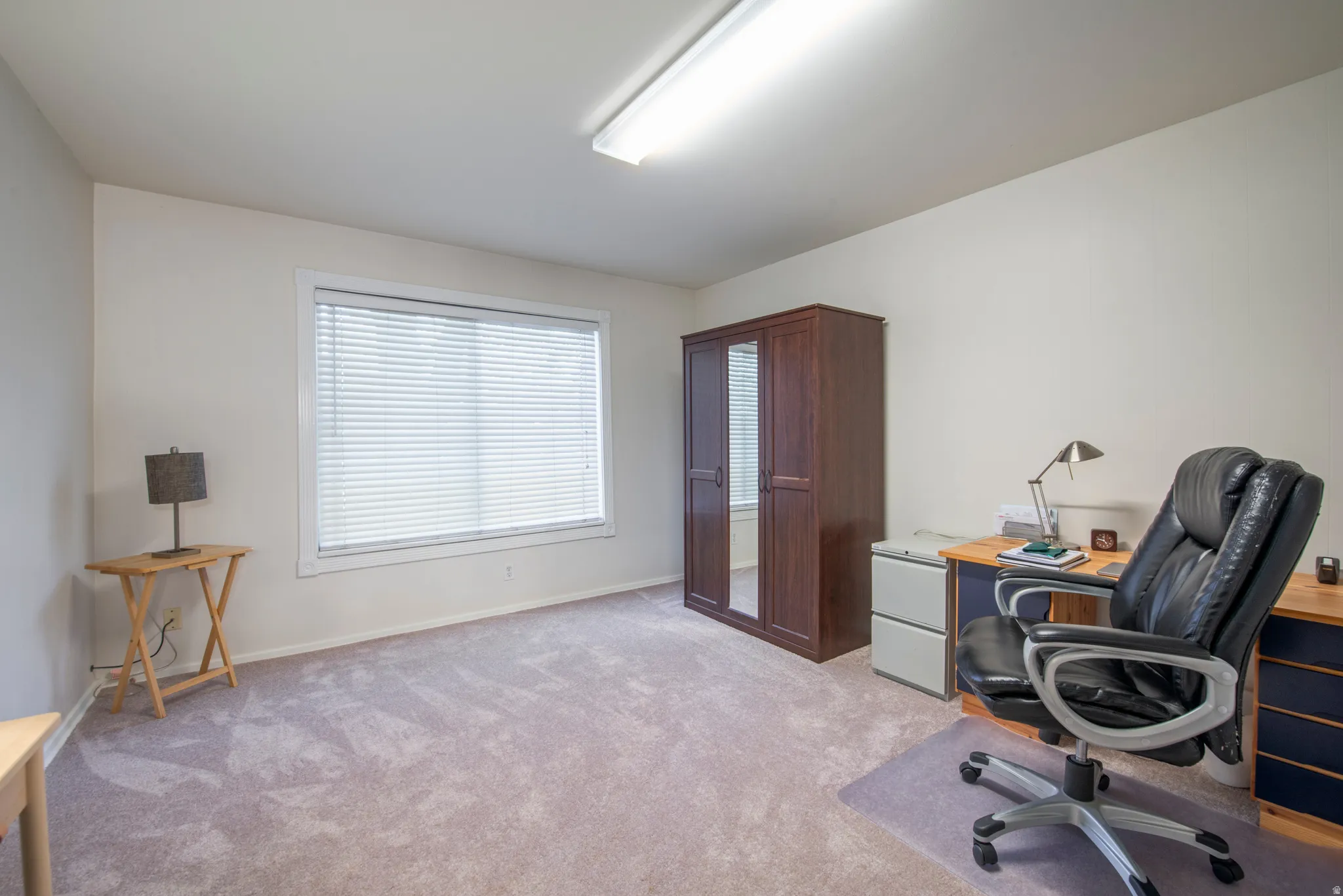 Office area with light colored carpet and baseboards