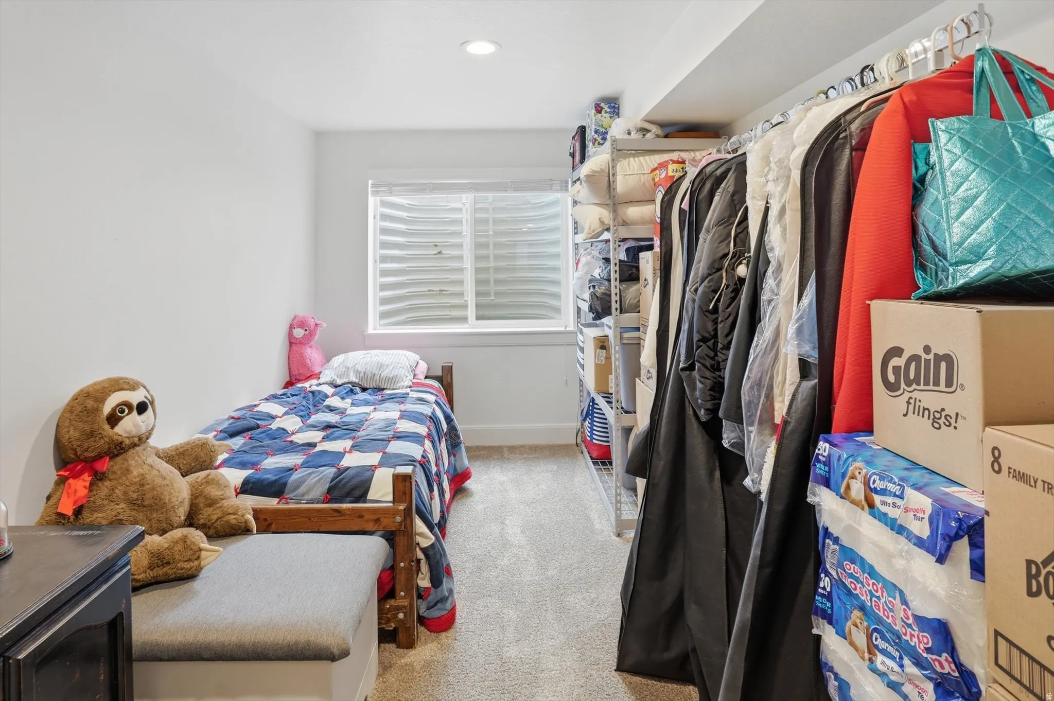 Bedroom featuring light colored carpet and recessed lighting