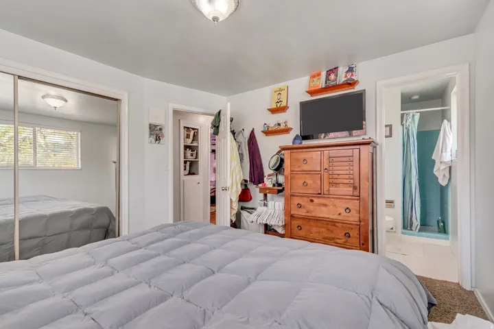Carpeted master bedroom featuring a closet and connected bathroom