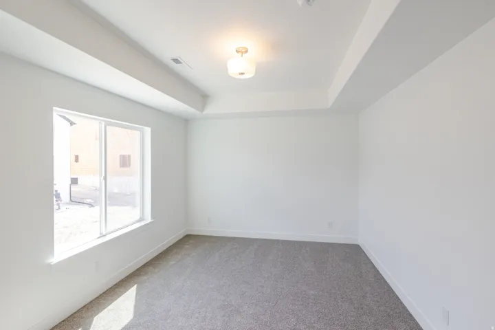 Recessed ceiling details, neutral carpet, and a large window