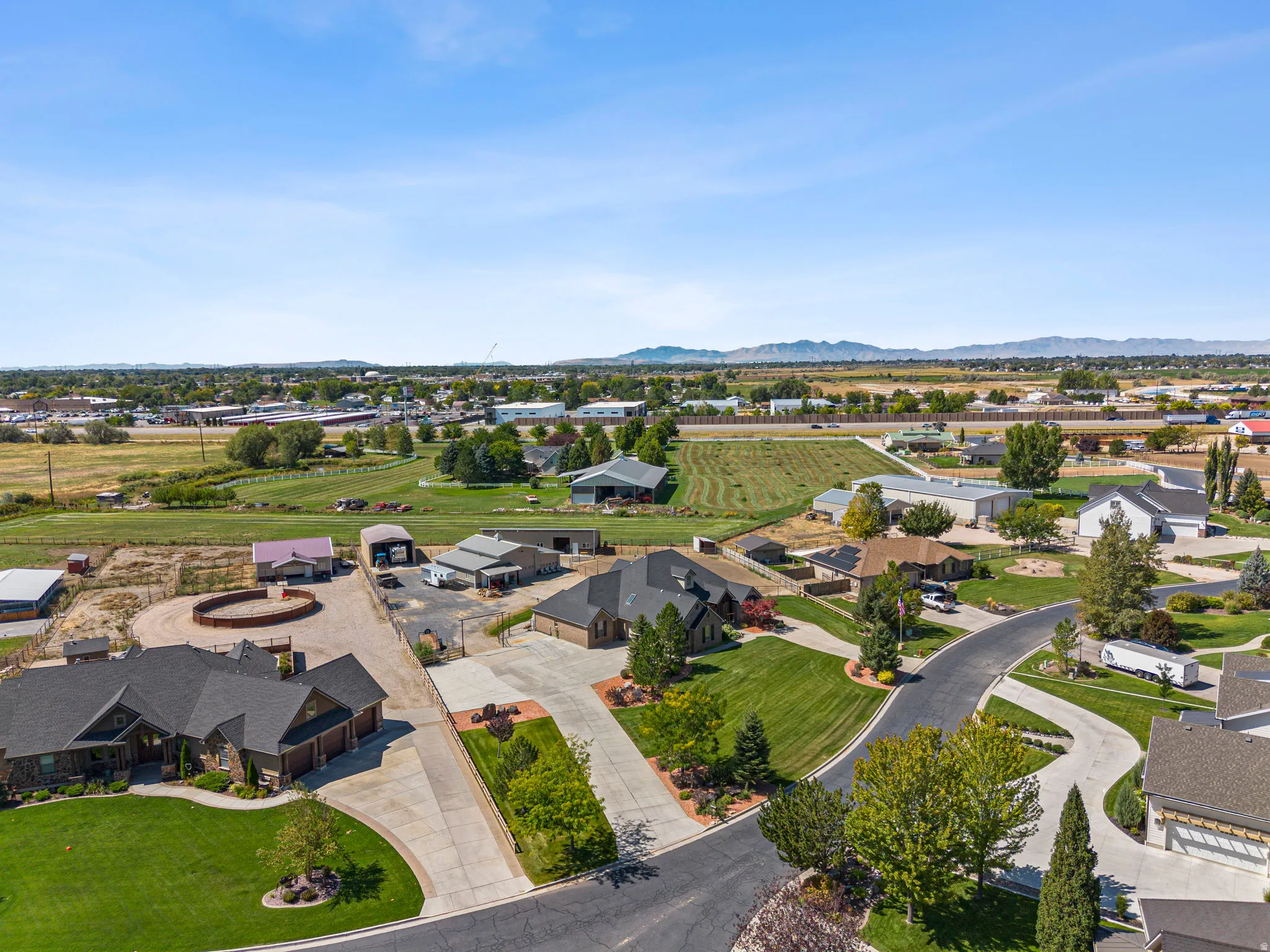 Aerial perspective of suburban area with mountains