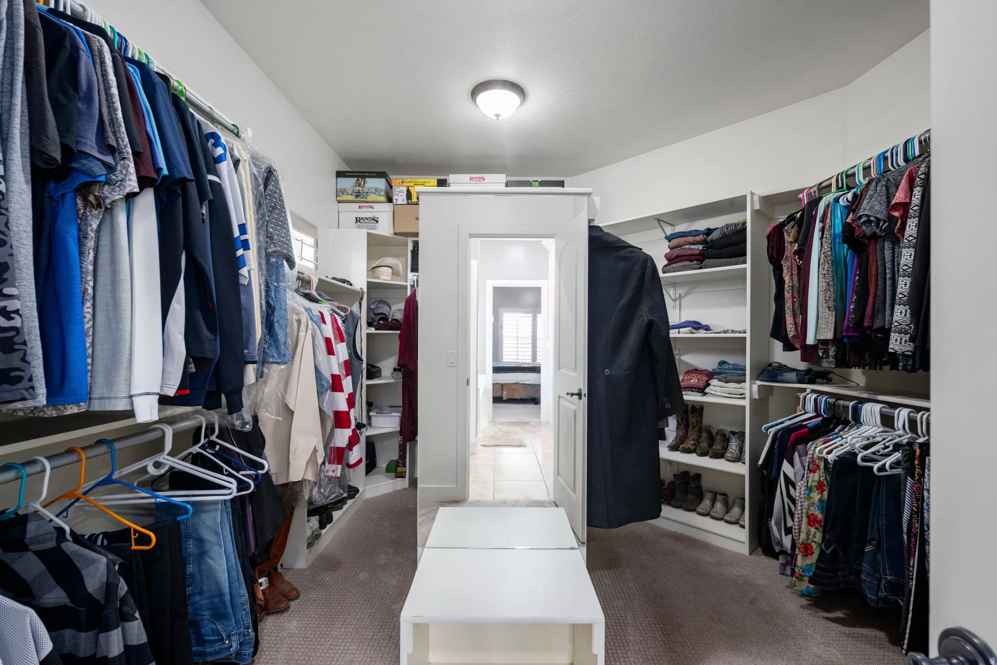 Walk in closet featuring light carpet
