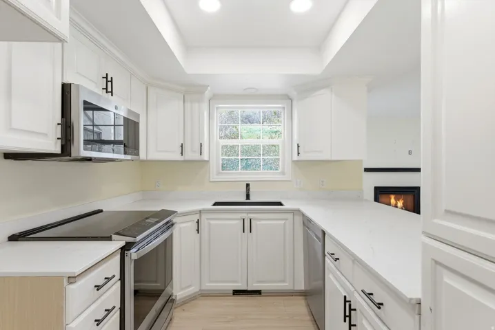 Modern kitchen in Midway condo for sale with quartz countertops, shaker cabinets, stainless steel appliances, and large counter space