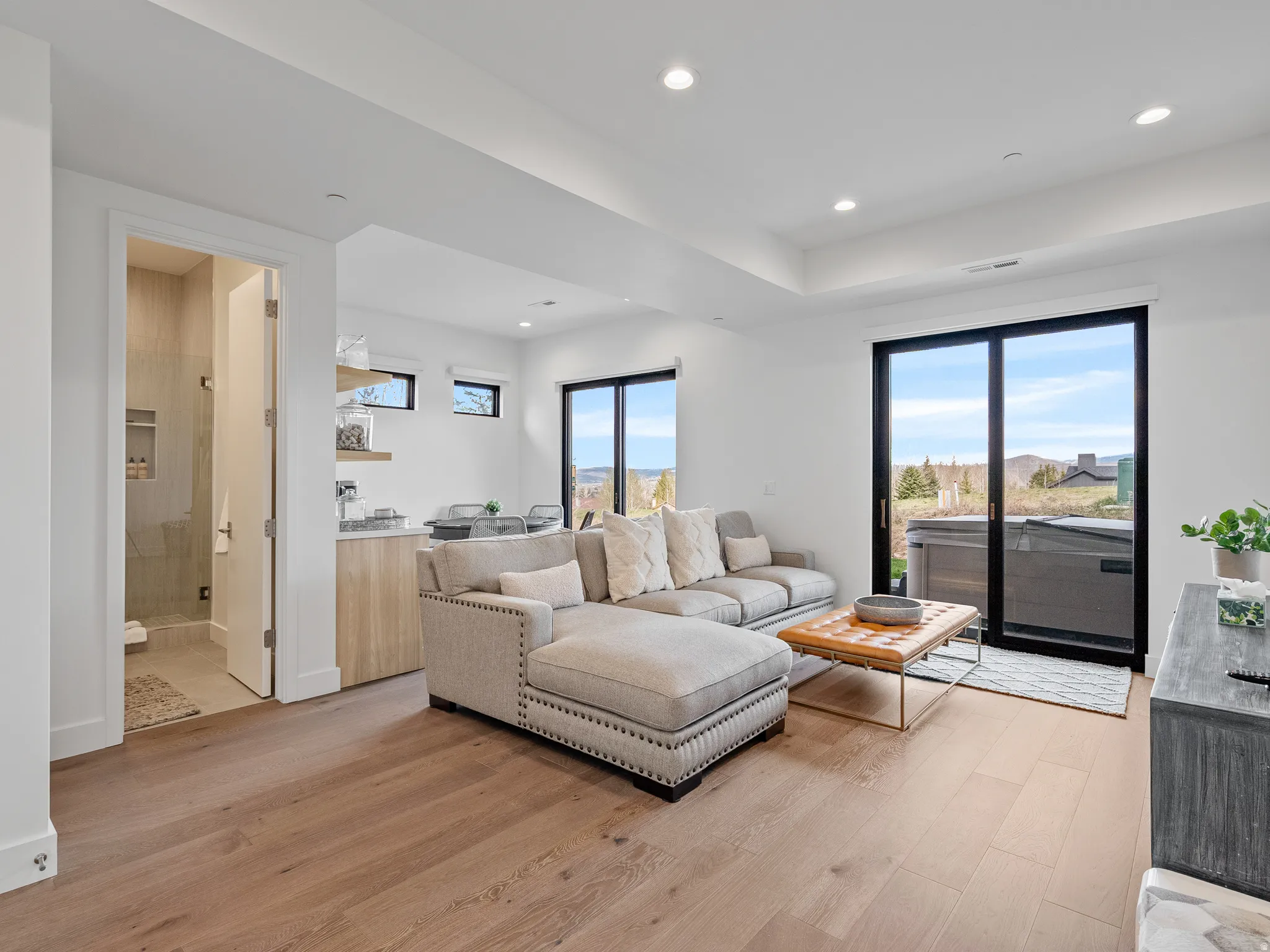 Living area featuring light wood-style floors and recessed lighting