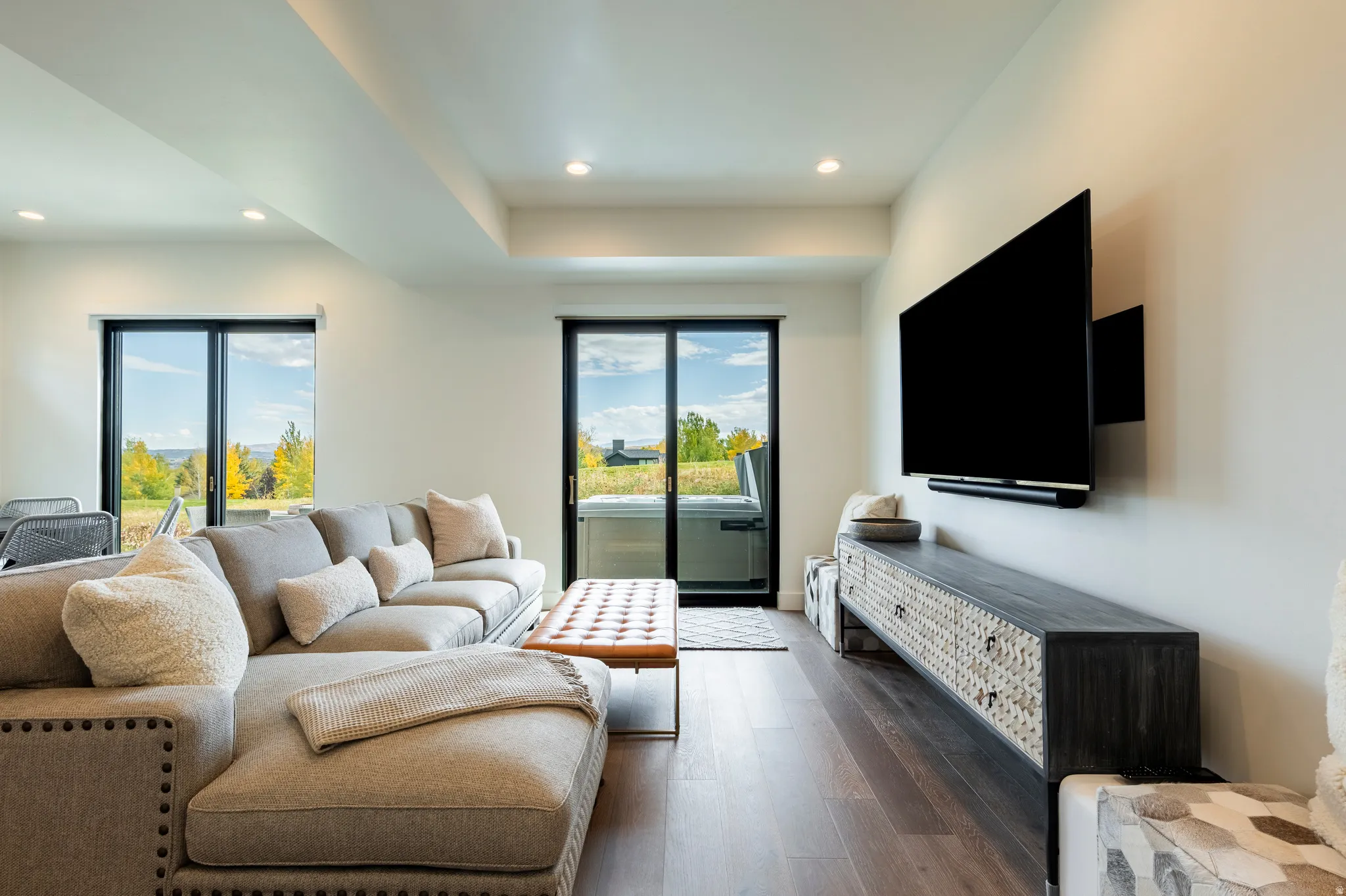 Living area with dark wood-style floors and recessed lighting